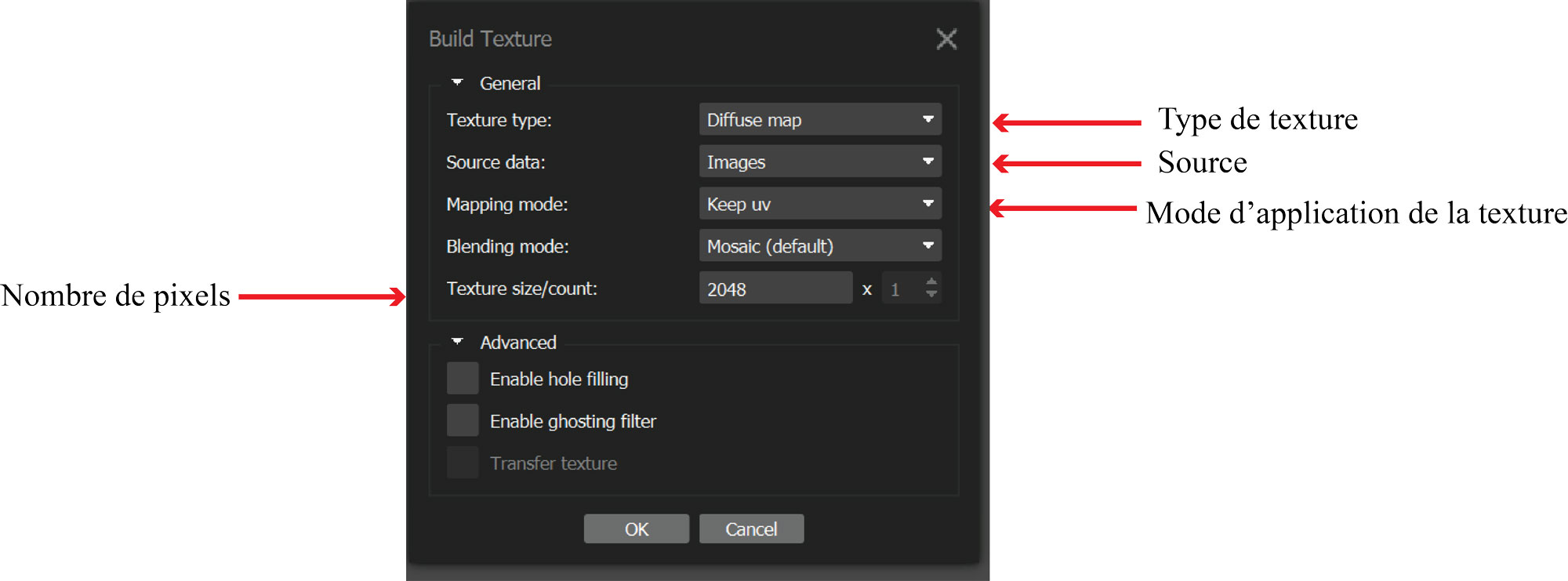       Figure 12. Fenêtre du menu de paramètre pour l'étape de construction de la texture (Agisoft Metashape, v1.8).