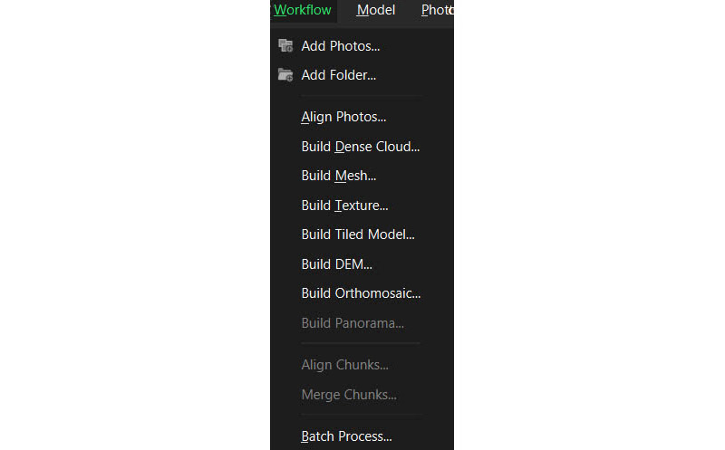 Figure 2. Menu Workflow permettant d'accéder à toutes les étapes du processus. (Agisoft Metashape, v1.8)