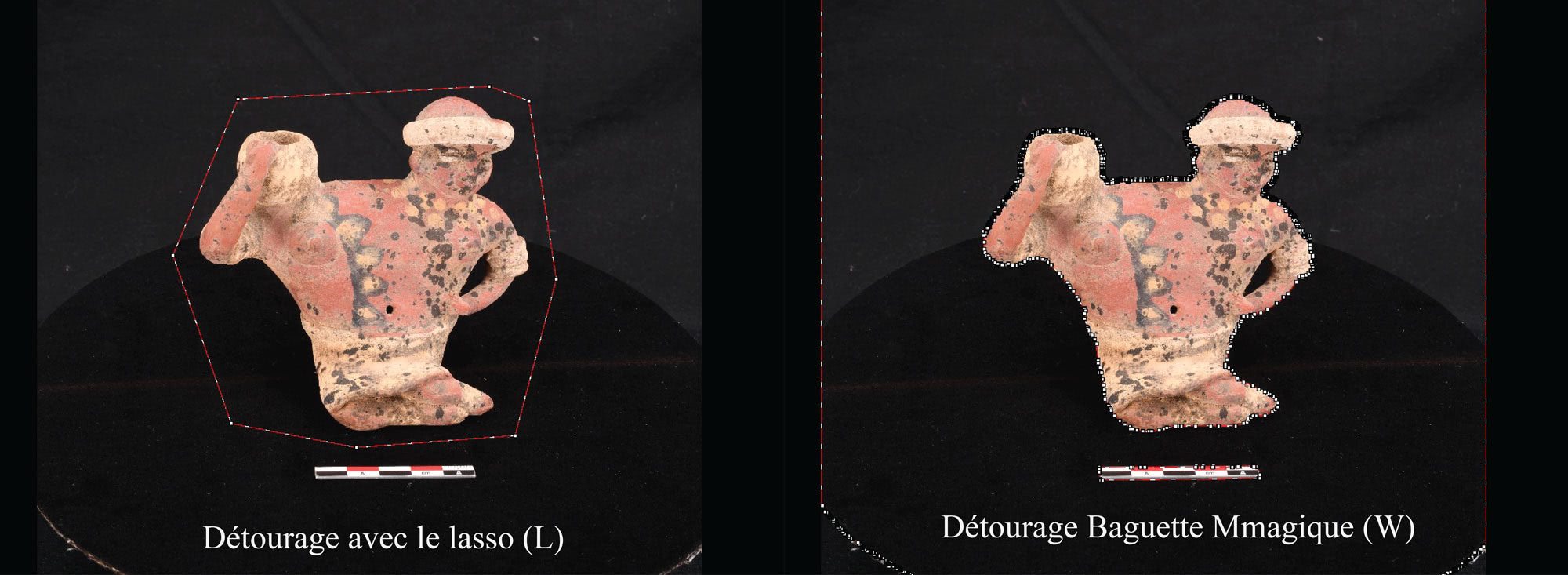 Figure 5. Le détourage ou masquage sur Agisoft Metashape (v1.8). À droite, le résultat de l'outil Intelligence Scissors permettent de créer des polygones. À gauche, le Magic Wand permet de sélectionner par similitude les éléments non désirés. Même si cette méthode est rapide, elle n'est pas toujours parfaite. (Agisoft Metashape, v1.8)