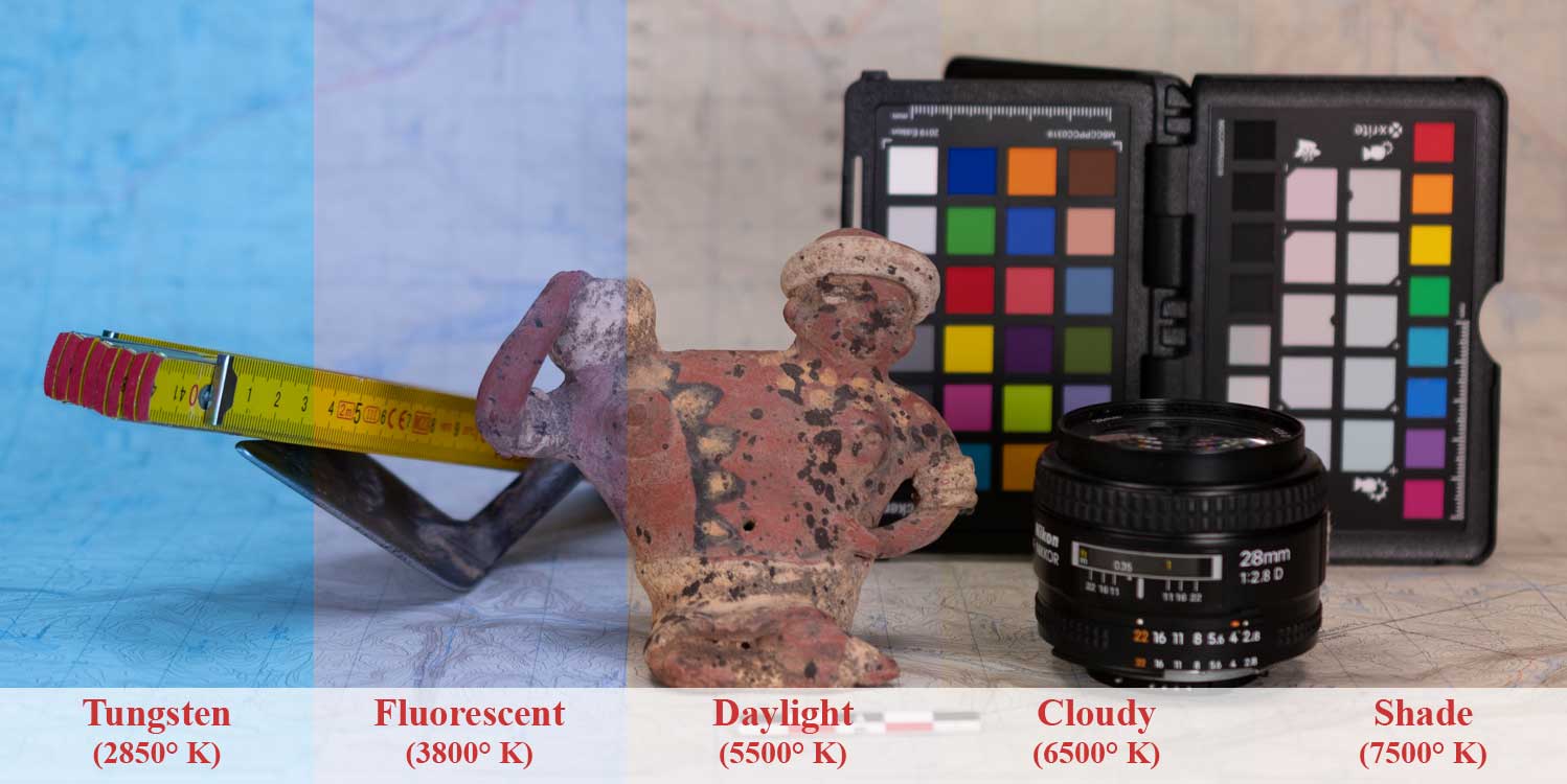 Figure 4. Impact de la balance des blancs sur le rendu de l'image. Chaque segment de l'image a été ajusté selon les différents réglages  trouvés sur un appareil photo avec les températures couleur équivalentes en degrés Kelvin.
