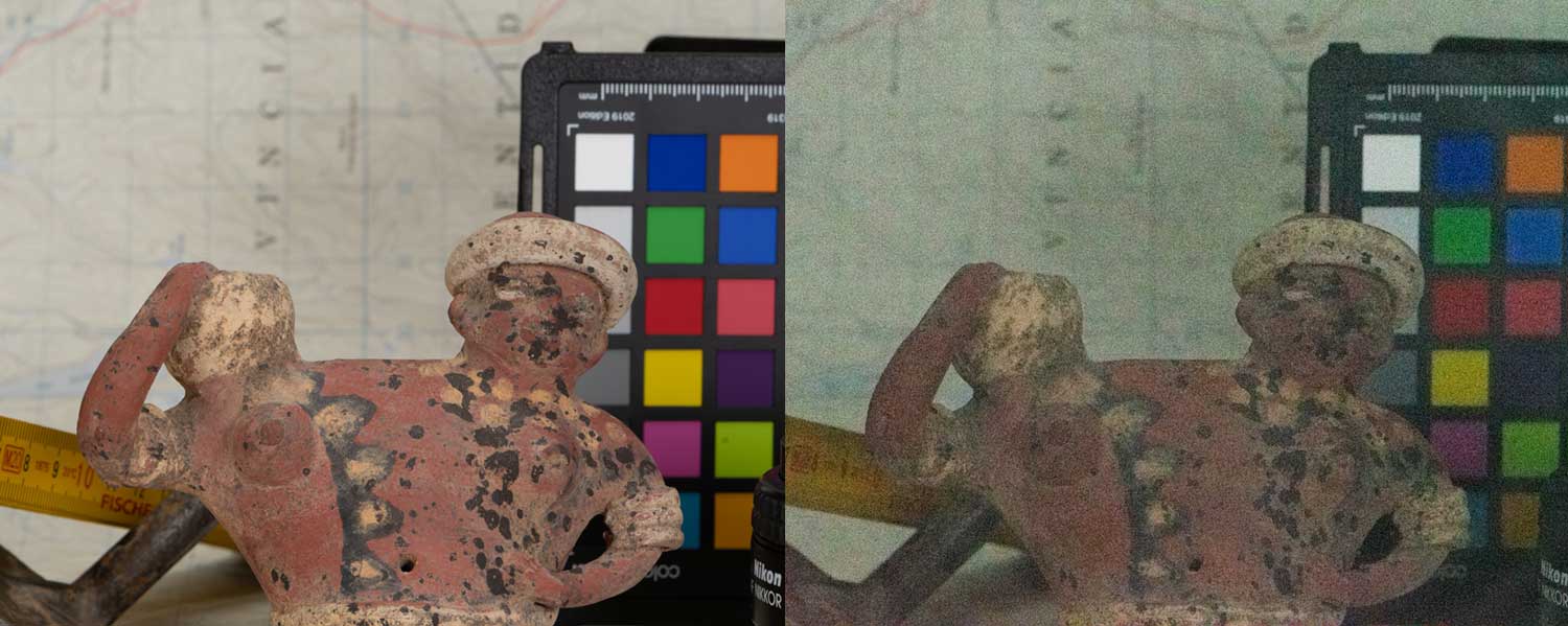 Figure 1. Impact de la sensibilité (ISO). La photo de droite a été prise avec l'ISO réglée à 100 et celle de droite à 4000. Remarquez la différence de bruit sur l'image, de la netteté de contours et de la perte de contraste.